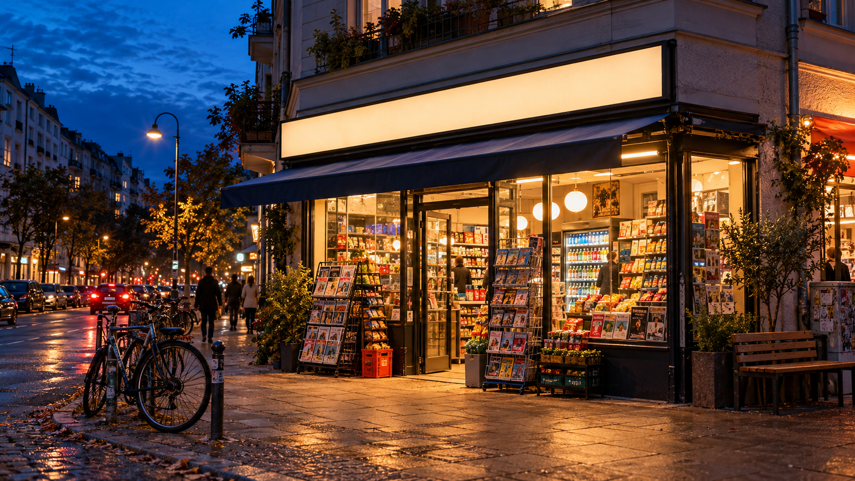 Beleuchteter Berliner Kiosk an einer Straßenecke am Abend