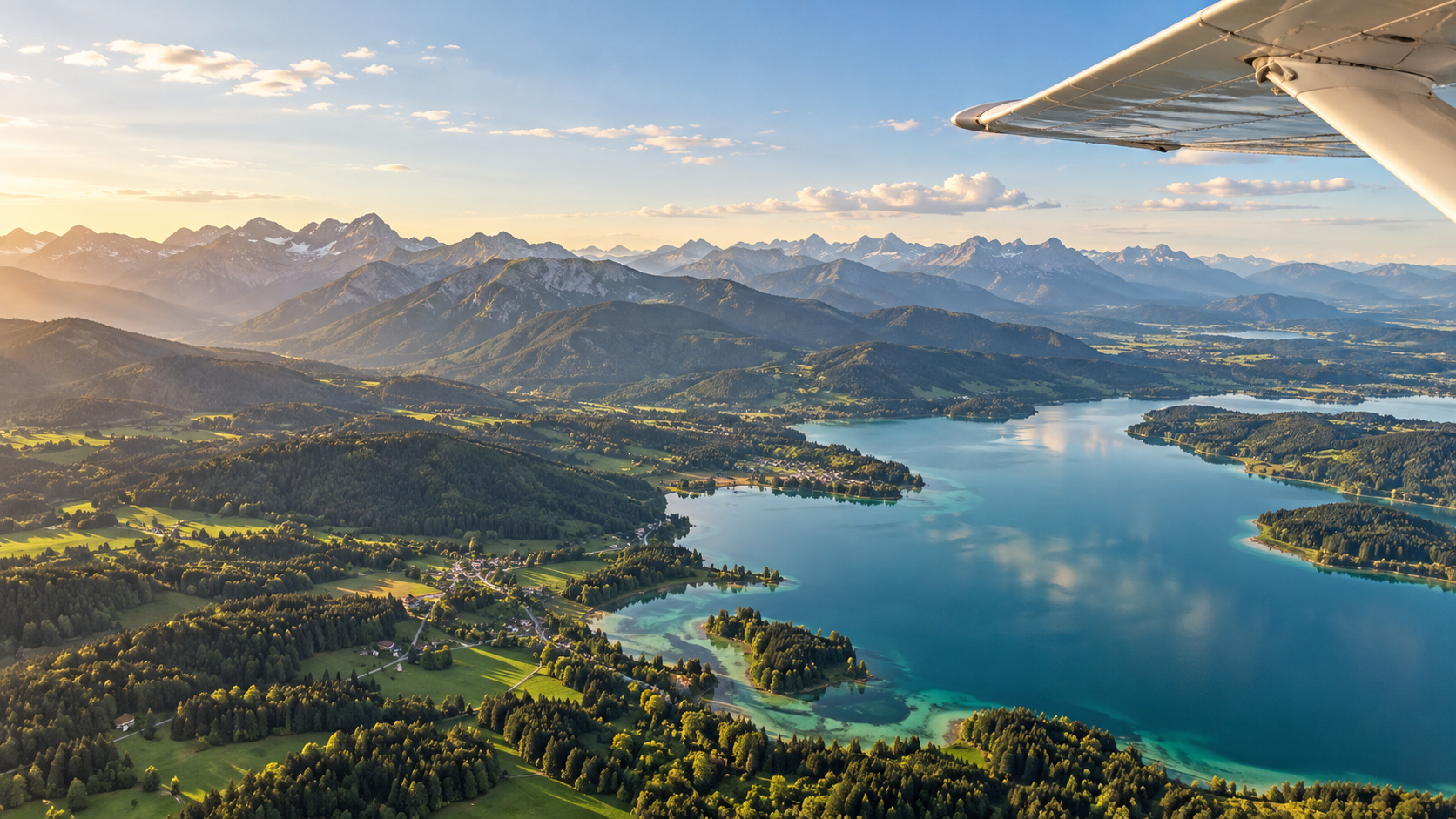 Blick aus einem kleinen Flugzeug auf einen See und die Alpen