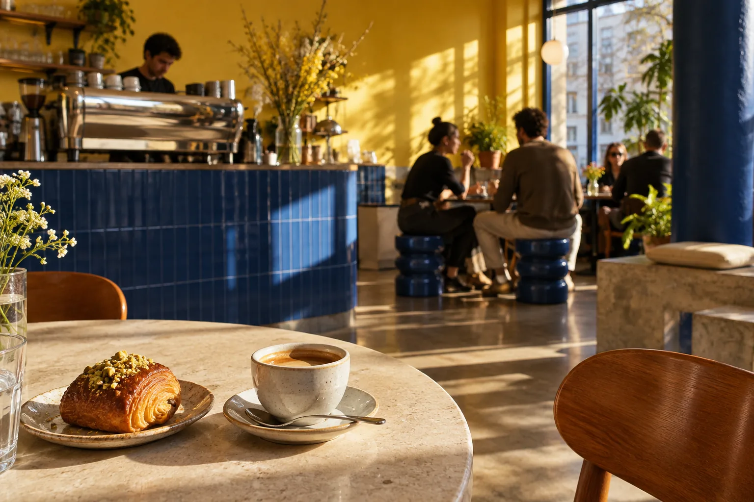 Lichtdurchflutetes Café mit gelber Wand, blauer Theke und Kaffee auf dem Tisch